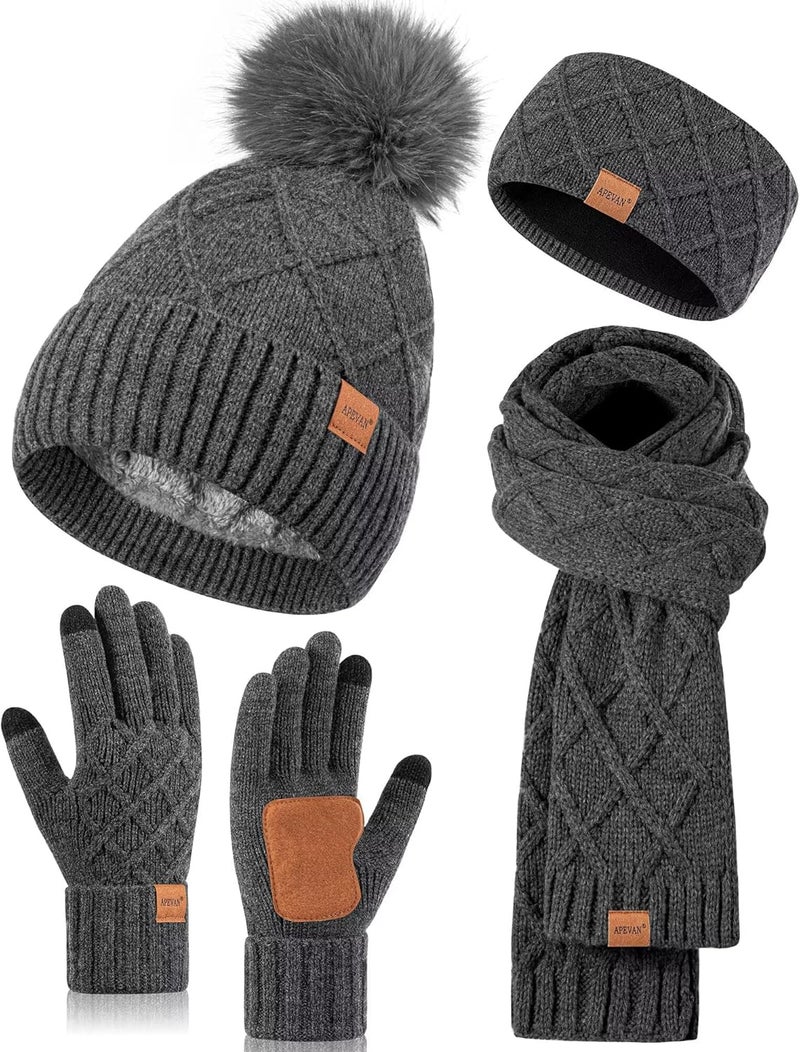 APEVAN Womens Winter Hat Gloves Scarf Headband Set, Pom Pom Beanie Long Scarf Touchscreen Gloves Ear Warmer, 4 in 1 Warm Gift Set - Image 1